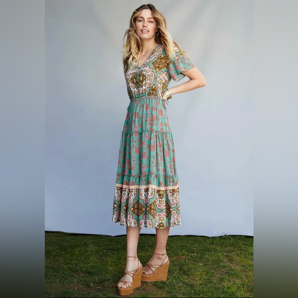 MATILDA JANE Aztec Print Turquoise Brown Tiered Midi Dress